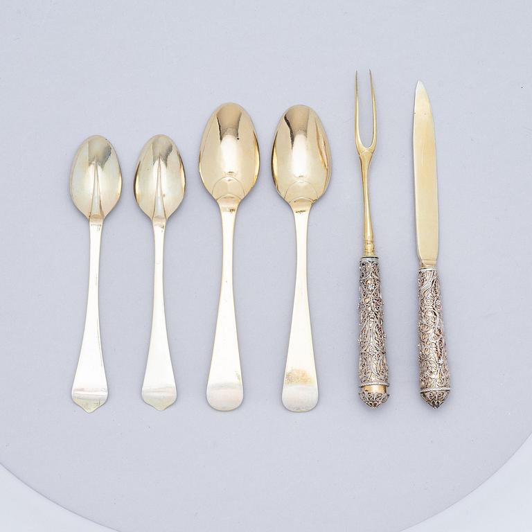 A possibly German 17/18th century parcel-gilt silver and filigree six-piece travel cutlery, unmarked, and leather case.