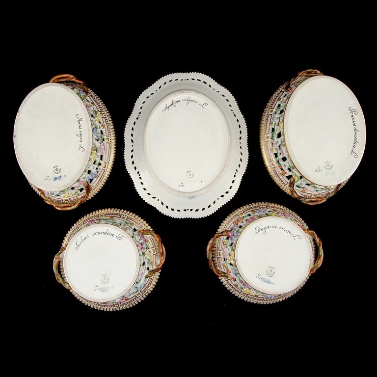 SERVISDELAR, 5 st, "Flora Danica", Royal Copenhagen, 1900-talets andra hälft.