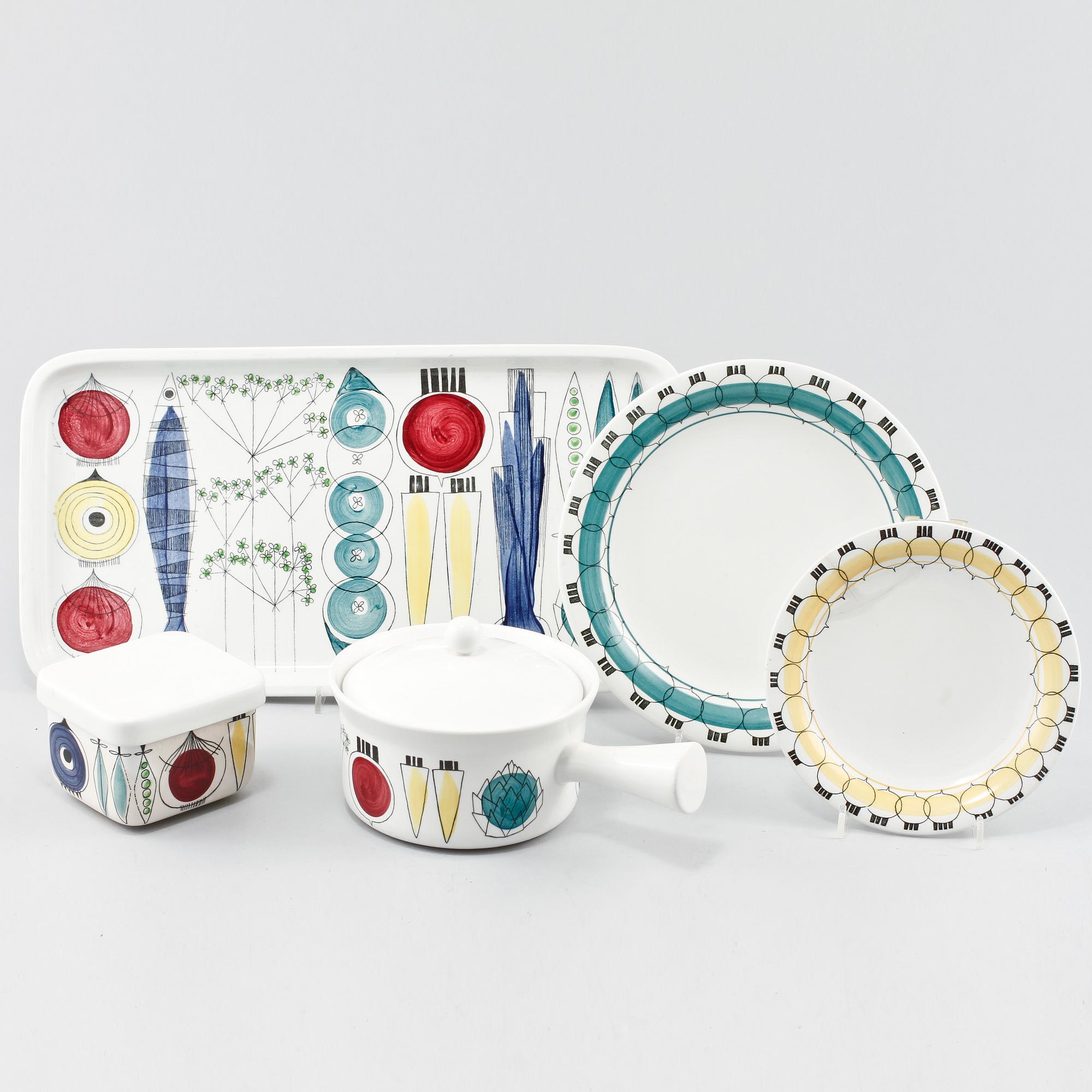SERVISDELAR, 5 st, flintgods, "Picknick", Marianne Westman, Rörstrand, 1956-1969.