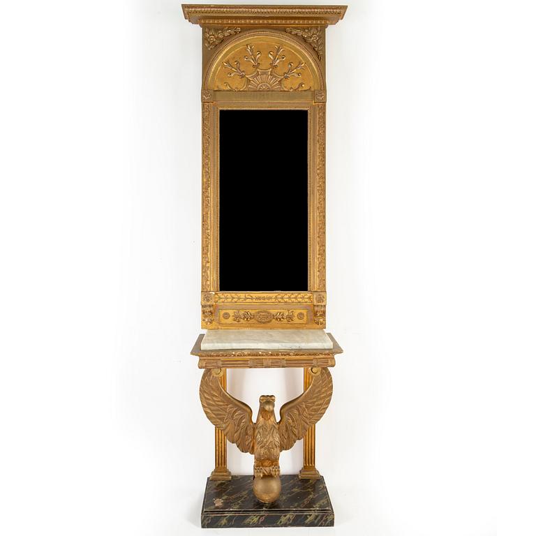 A Swedish Empire Mirror frame and console table, first half of the 19th century.