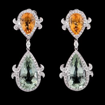 190. A pair of prasiolite, citrine and diamond, circa 1.35 cts, earrings.