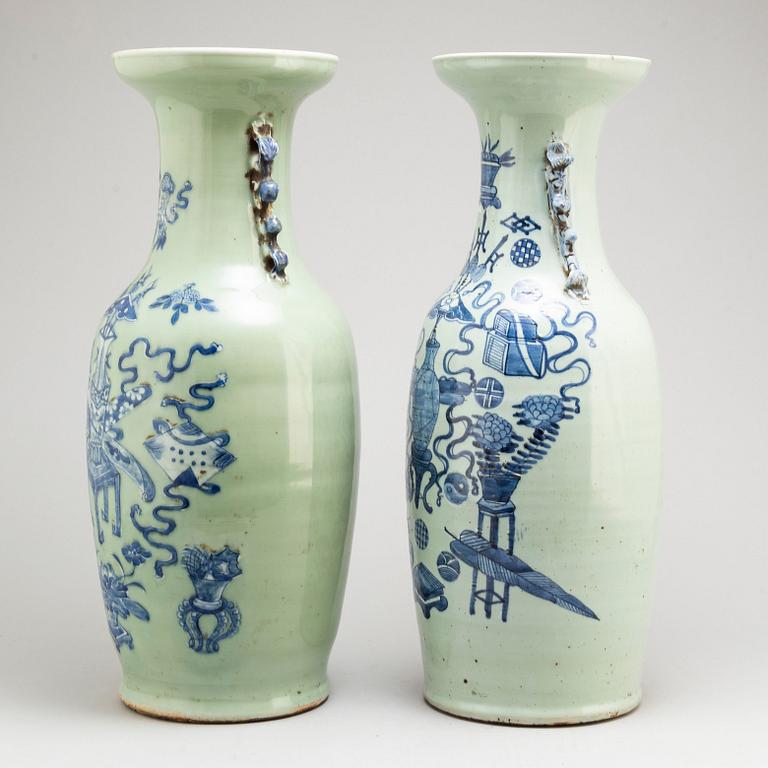 Two large blue and white celadon glazed vases, Qing dynasty, early 20th century.