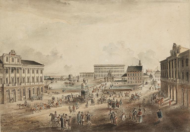 Johan Fredrik Martin, "Norrmalms Torg i Stockholm med Utsigt af K Slottet, K. Gustaf Adolphs Statüe, H.K.H. Prinsessans Palais o Opera Huset".