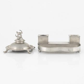 A pewter inkwell and desk stand, Firma Svenskt Tenn, Stockholm, 1928.