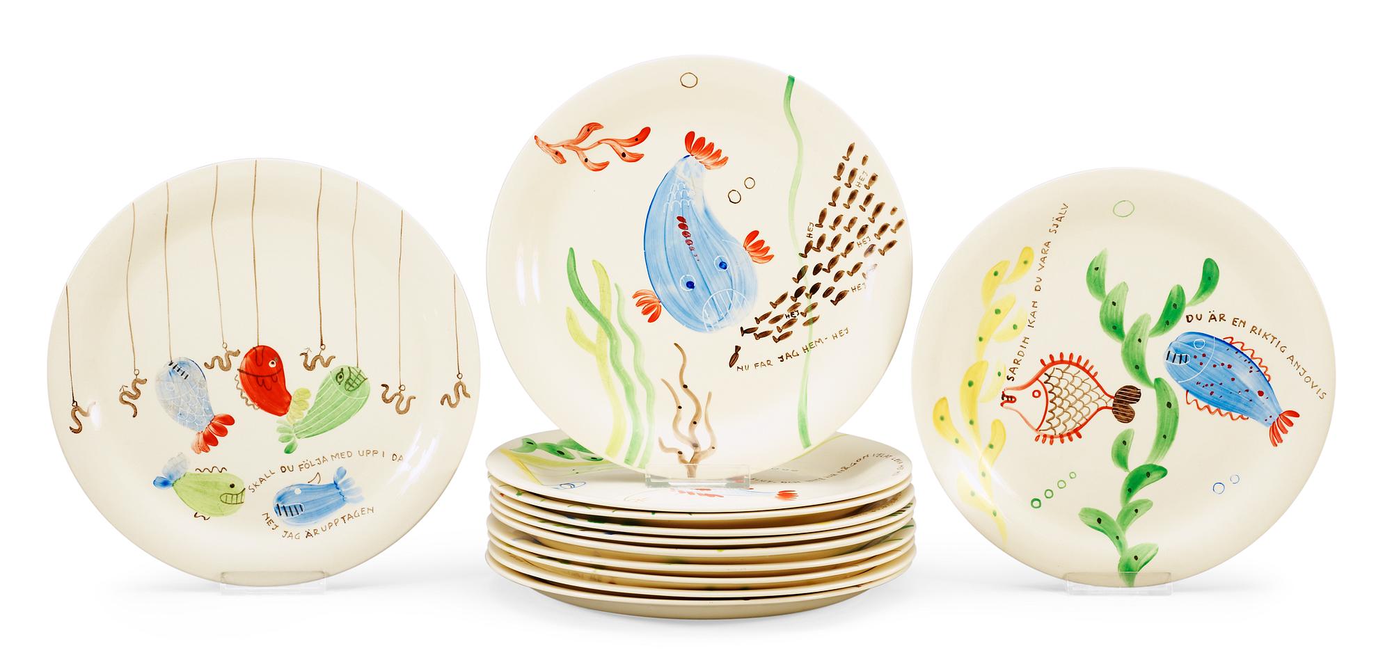 STIG LINDBERG, tallrikar, 12 st, "Löja", Gustavsberg 1948-62.