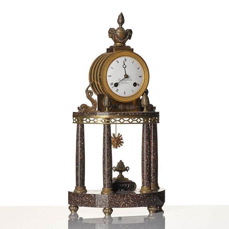 A late Gustavian ormolu and 'Blyberg' porphyry portico clock by E. Engelbrechten (watchmaker in Stockholm 1815-45).