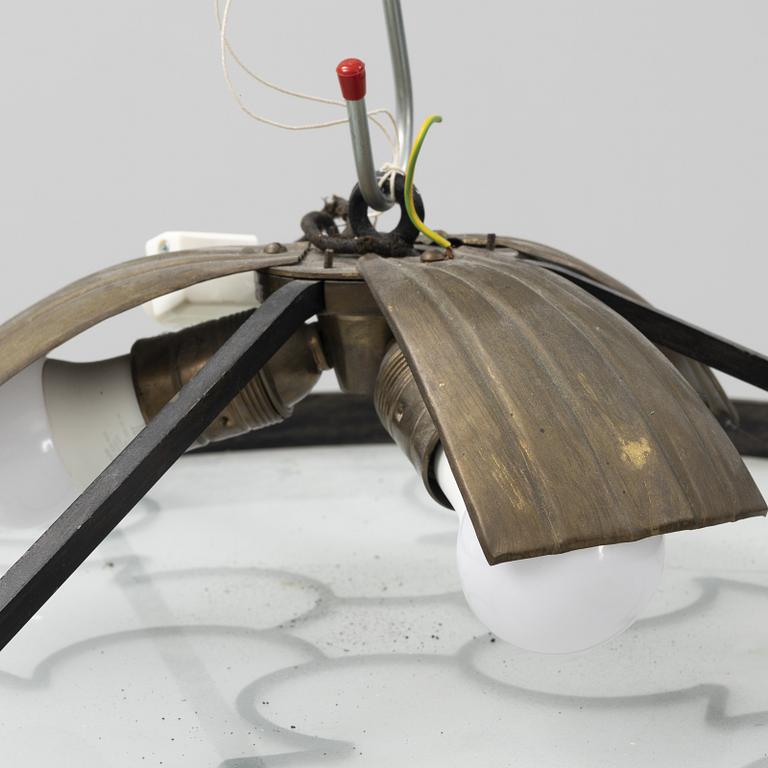 Lars Holmström, a Swedish Grace brass and steel framed ceiling light, Arvika 1920-30s.