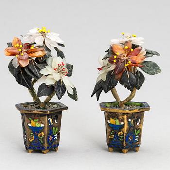 A pair of Chinese cloisonné flower pots with stone flowers, 20th Century.