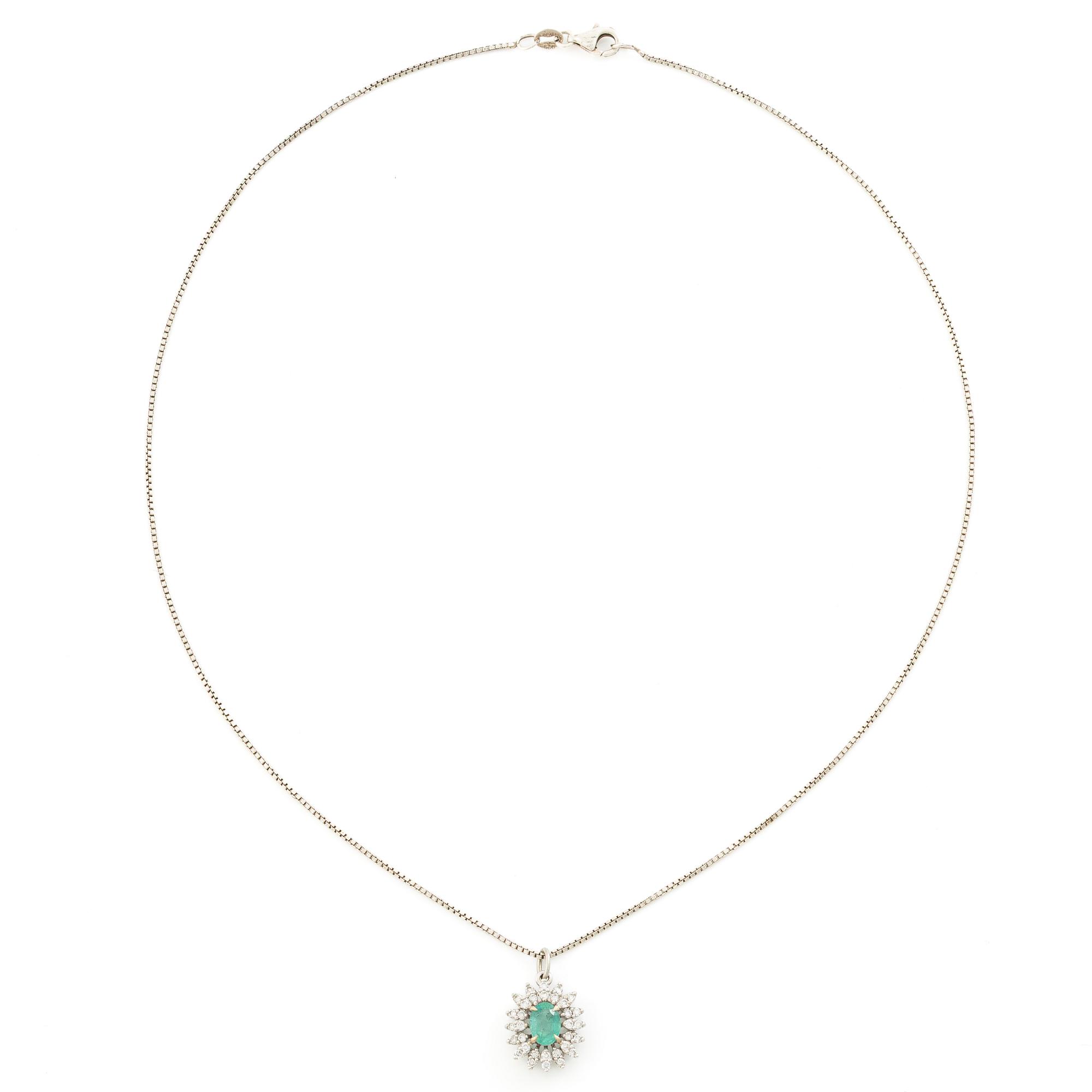 Hänge 14K vitguld med smaragd och briljantslipade diamanter, kedja silver.