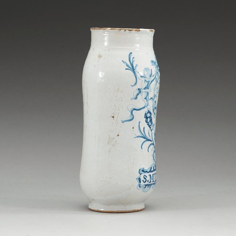 An armorial faience pharmaceutical jar, 18th Century.