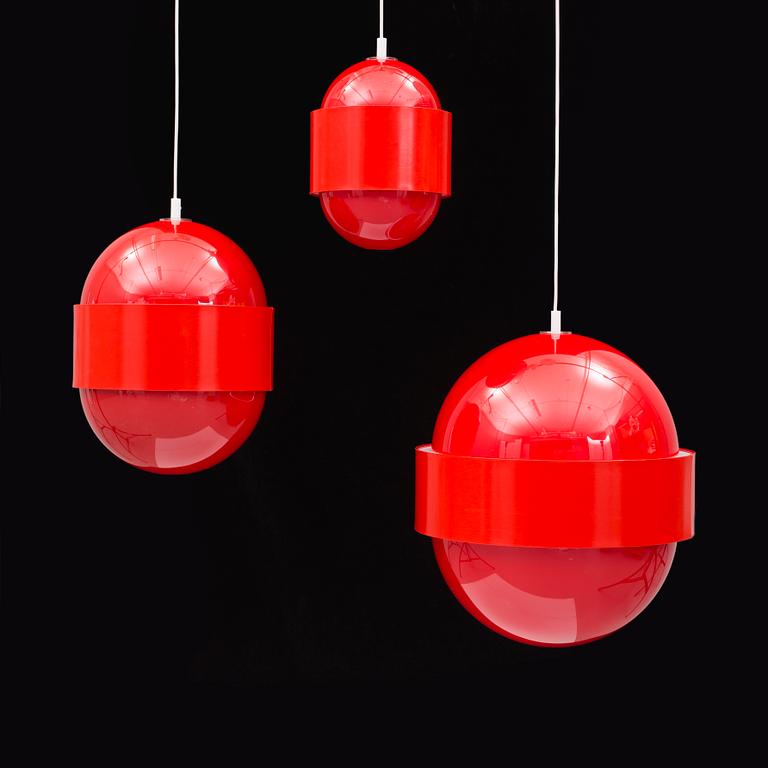 Uno & Östen Kristiansson, a set of three 'Globo Ring' ceiling lights, Luxus, Vittsjö, 1970's.