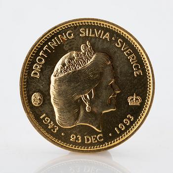 Guldmynt, 21,6 k, 1000 kronor, Drottning Silvia, Sverige 1993. Vikt 5,8 gram.