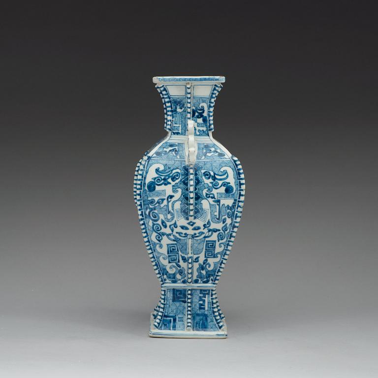 A rare blue and white archaistic bronze shaped vase, Qing dynasty, Kangxi (1662-1722).