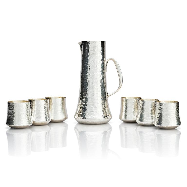Tapio Wirkkala, a silver pitcher with six beakers, Kultakeskus, Tavastehus Finland 1970-80's.