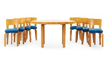 An Alvar Aalto birch dining table and eight chairs, Artek, Finland 1930's-40's.