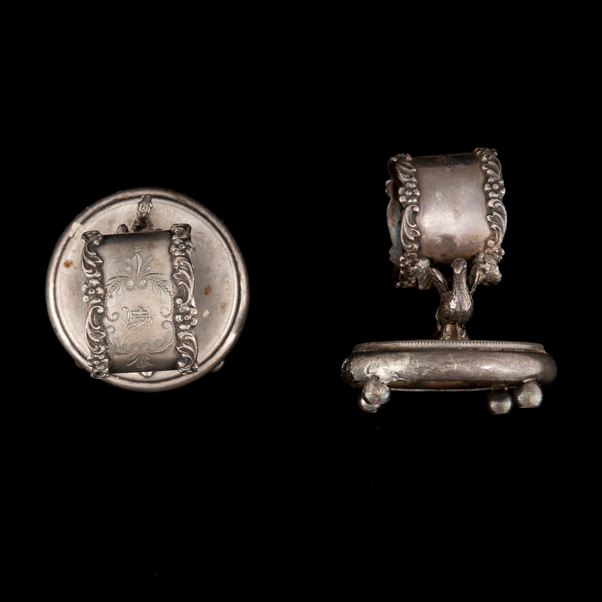 SERVETTRINGAR, 6 st, försilvrad metall, Knickerbocker Silver Company, New York 1900-talets början.