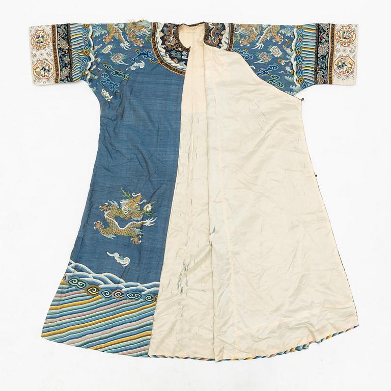 A five clawed dragon kesi robe on blue ground, Jifu, Qing dynasty, 19th century.