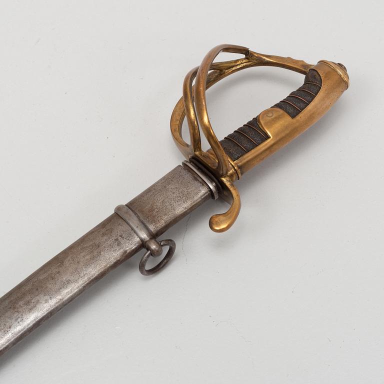 An 19th Century curved officer's sword with etched blade and steel scabbard.