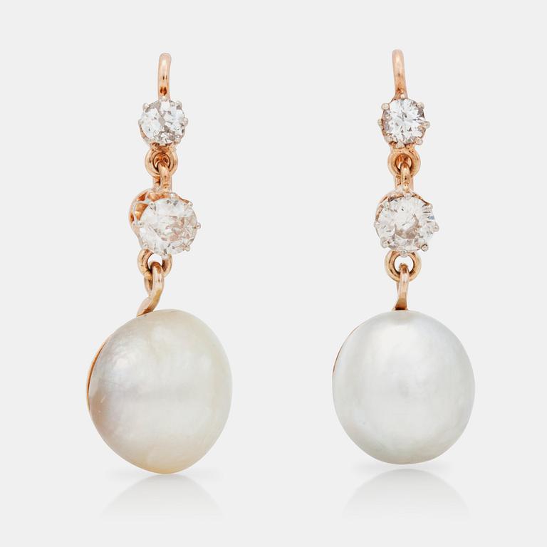 A pair of natural saltwater pearl and diamond earrings. Certificate on pearls from GCS.
