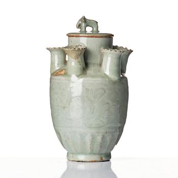 A rare celadon vase with cover and five spouts and cover, Song dynasty (960-1279).