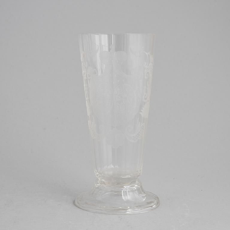 Two champagne glasses, first half of the 19th century, and a beaker, 20th century.
