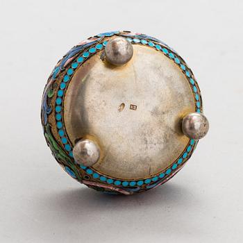 A salt cellar, mark of D. Nikitin, and 2 spoons, poss. P. Abrosimov and M. Andreyevna, enamel, silver. Moscow 1899-1908.