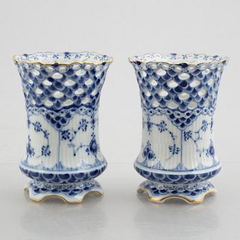 A group of three 'Blue fluted full lace' / 'Musselmalet' dishes and a pair of vases, Royal Copenhagen, 20th century.