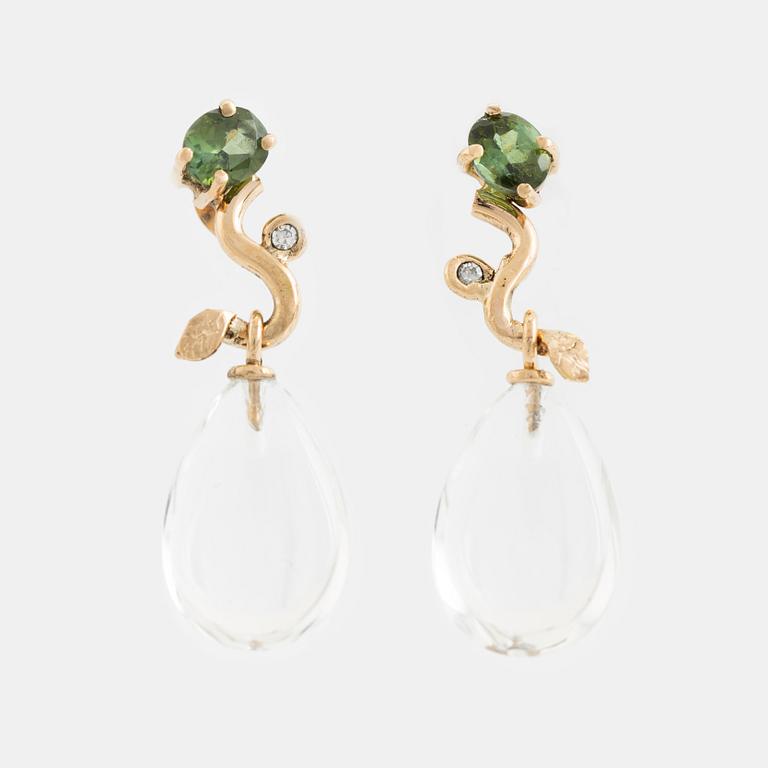 Pear shaped rock crystal, green tourmaline and eight cut diamond earrings.