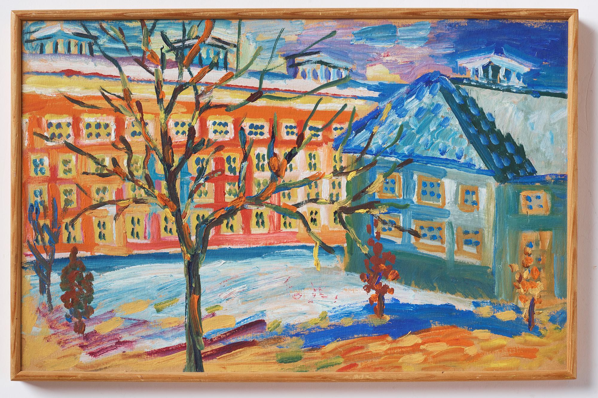 Ester Henning, oil on paper panel, indistinctly signed with monogram in red.