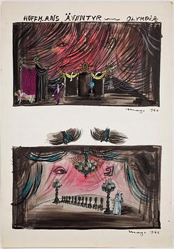 MAX GOLDSTEIN (MAGO), dräktskisser, teckningar, blyertsskisser, ca 34 st, vissa daterade o signerade, 1966.