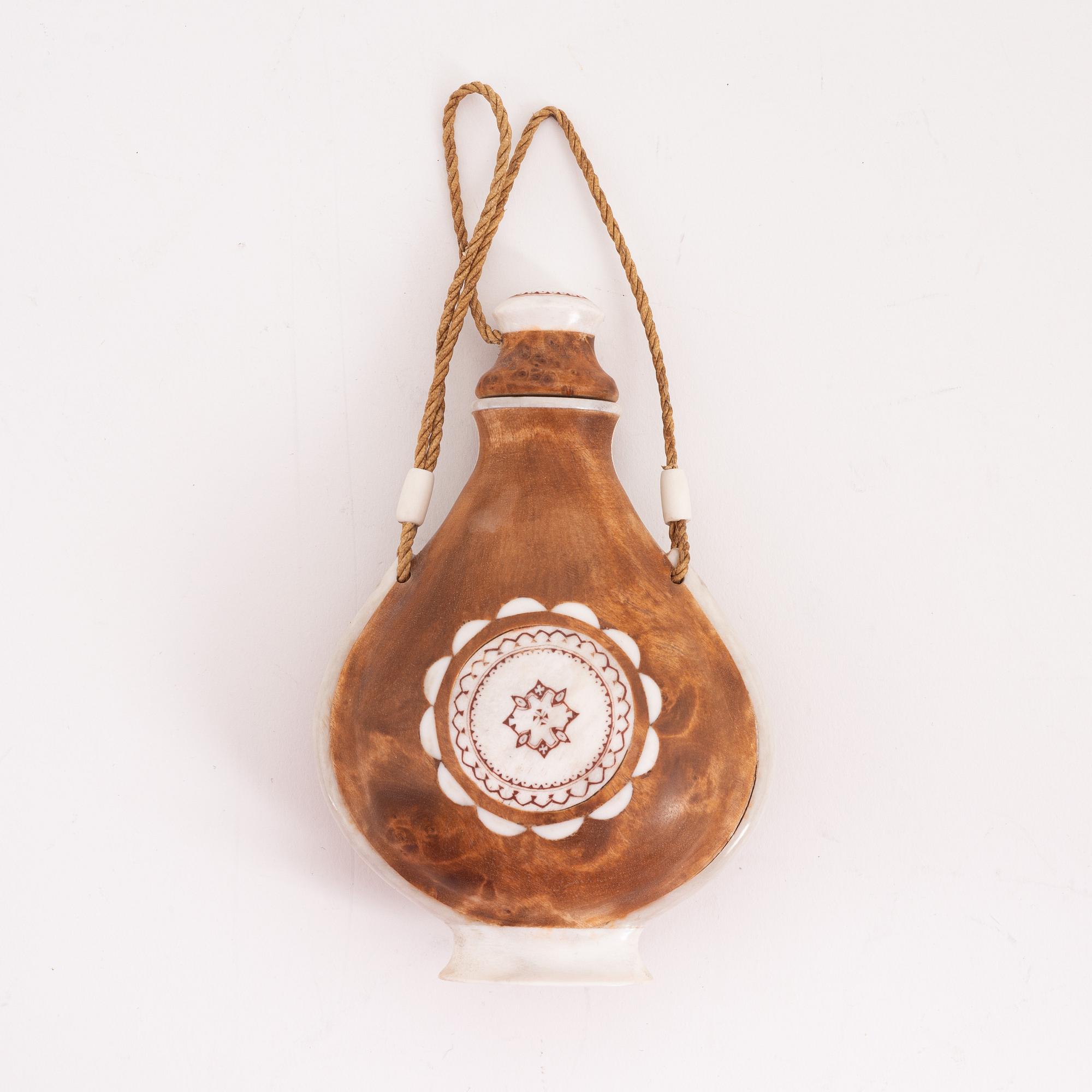 A birch and reindeer horn flask by Anders Sunna, signed.