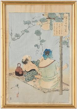 OKÄND KONSTNÄR, 9 st, träsnitt samt akvareller, Japan, 1800/1900-tal.