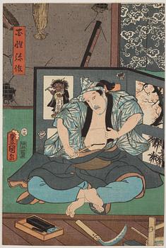 UTAGAWA KUNISADA (1786–1864), färgträsnitt, två stycken. Japan, 1800-tal, "Tale of Shiranui".