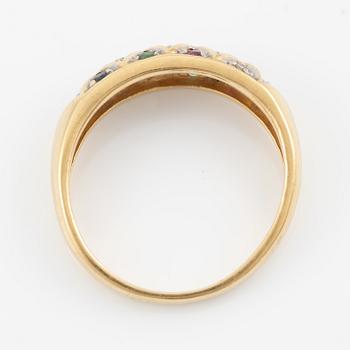 Ring, and a pair of earrings, 18K gold set with small rubies, emeralds, sapphires, and diamonds.