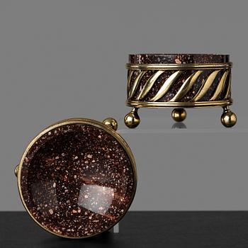 A pair of gilt silver and porphyry salts, by Gustaf Folcker, Stockholm 1827.