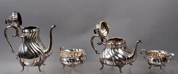 KAFFESERVIS, 4 delar, rokokostil, nysilver. 1900-tal.