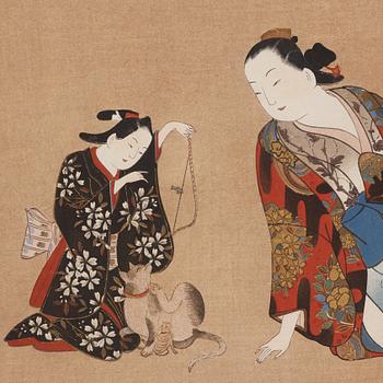 OKUMURA MASANOBU (1686-1764), after, two color woodblock prints. Japan, ca 1900.