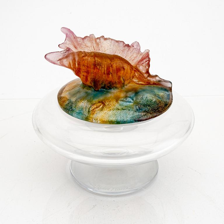 A glass and pate de verrre bowl with lid from Daum France.