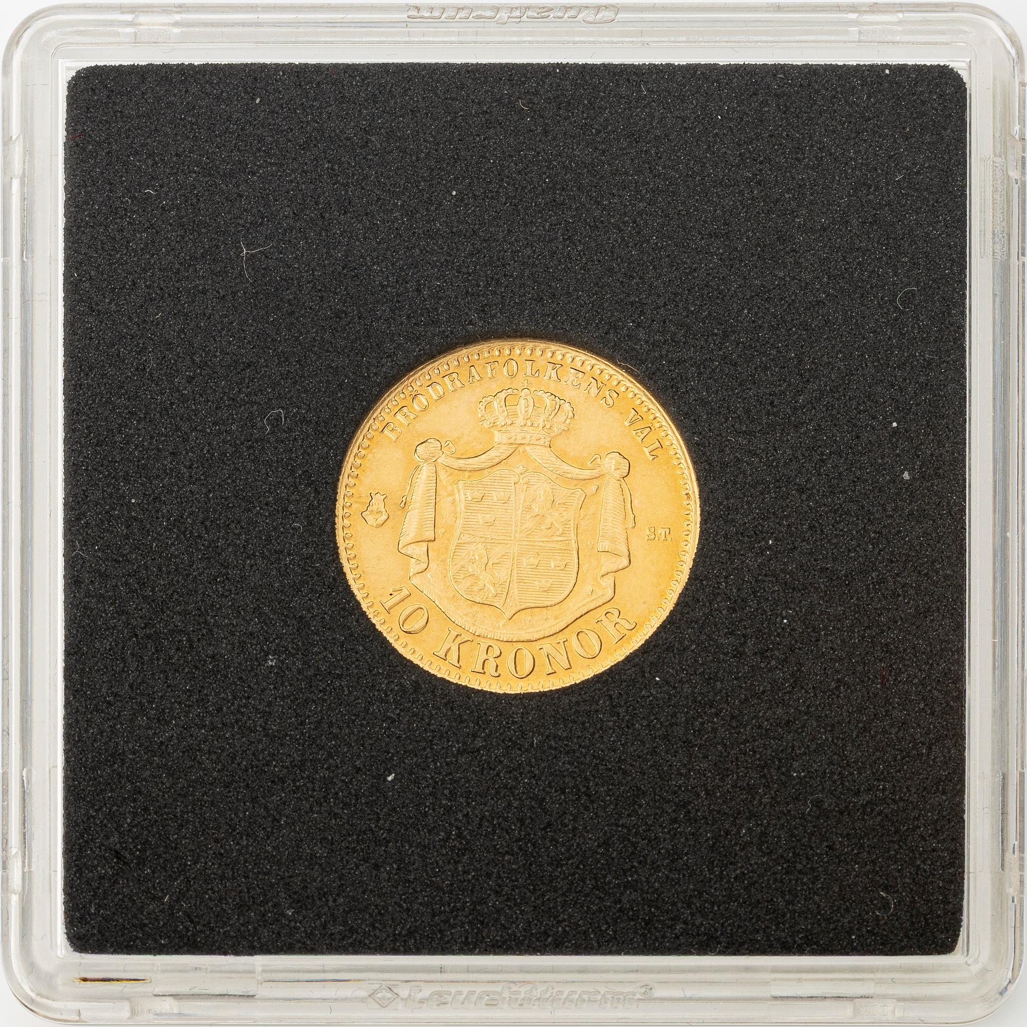 Gold coin, Oscar II, 10 kronor, type I, Sweden 1874.
