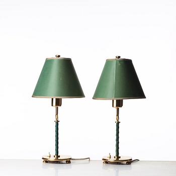 Josef Frank, a pair of brass and green leather table lamps, Svenskt Tenn, model 2388.