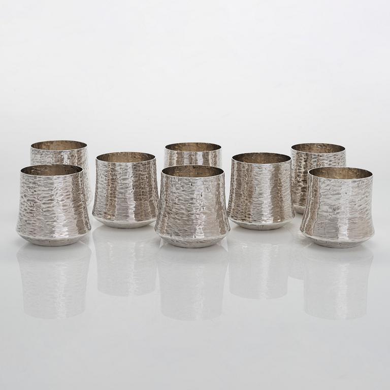 Tapio Wirkkala, a sterling silver pitcher with eight beakers, Hämeenlinna Finland 1973-1978.