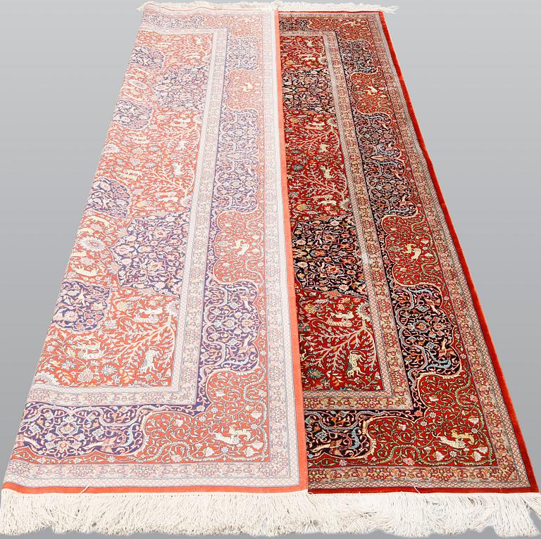A pictoral orietal silk rug, 246 x 153 cm.