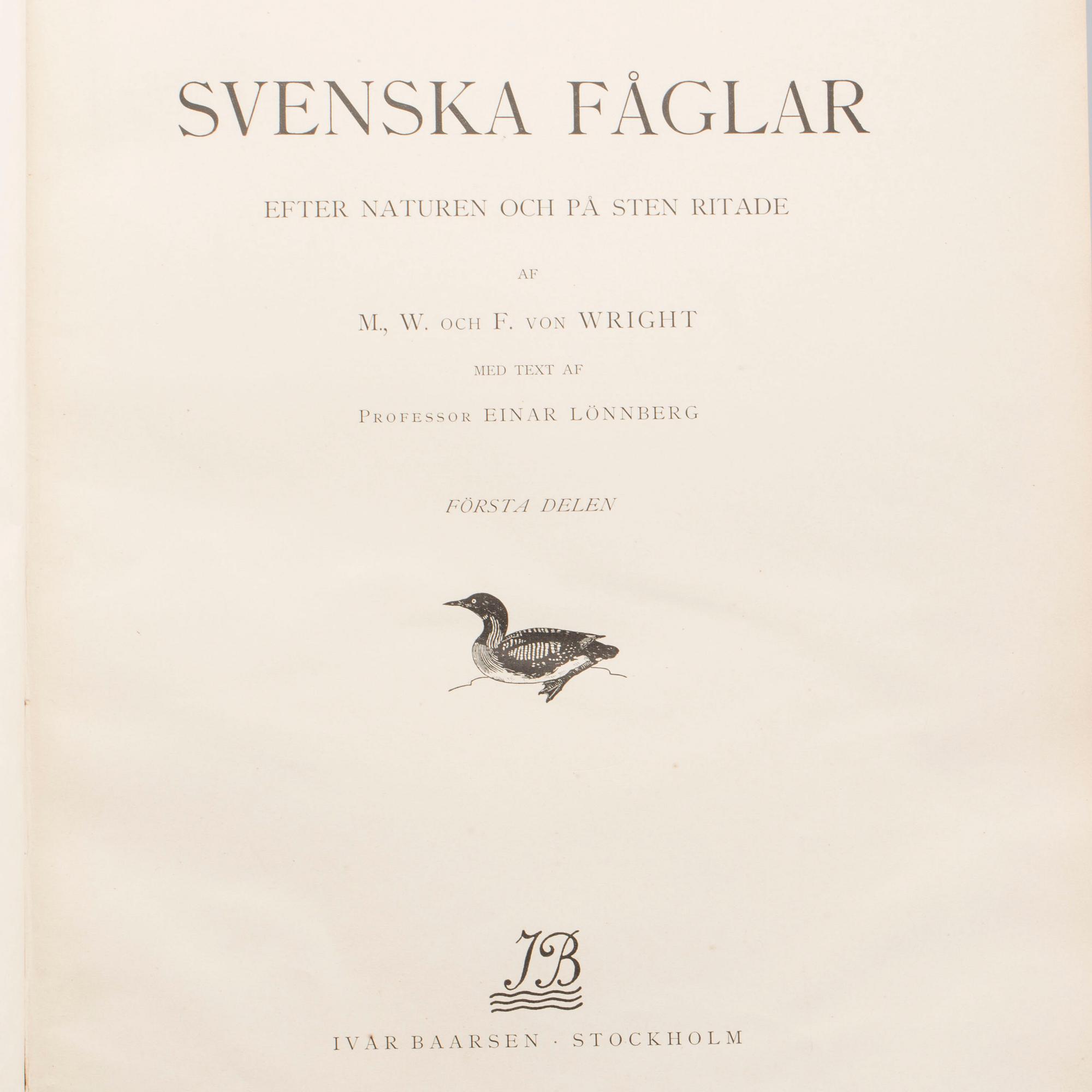 BOKVERK, 2 volymer, "Svenska fåglar",  M.W. & F von Wright. Stockholm, 1924.