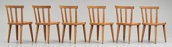 Axel Einar Hjorth, a set of six "Utö" stained pine chairs, Nordiska Kompaniet, Sweden 1930's.