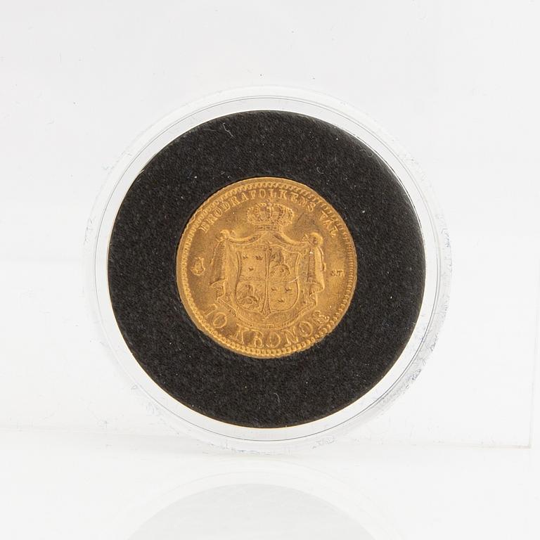 Guldmynt Sverige, Oscar II 10 kr, 1874.