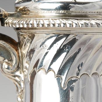 Jacob Marsh troligen, chokladkanna, silver, London 1759.