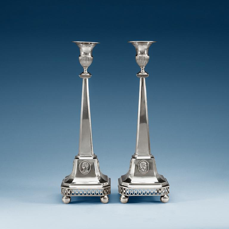 A pair of Swedish 18th century silver cantlesticks, makers mark of Anders Fredrik Weise, Stockholm 1797.