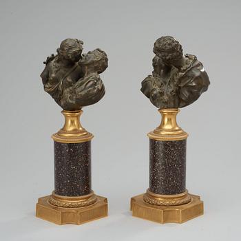 A pair of late Gustavian 19th century bronze figurines with porphyry base.