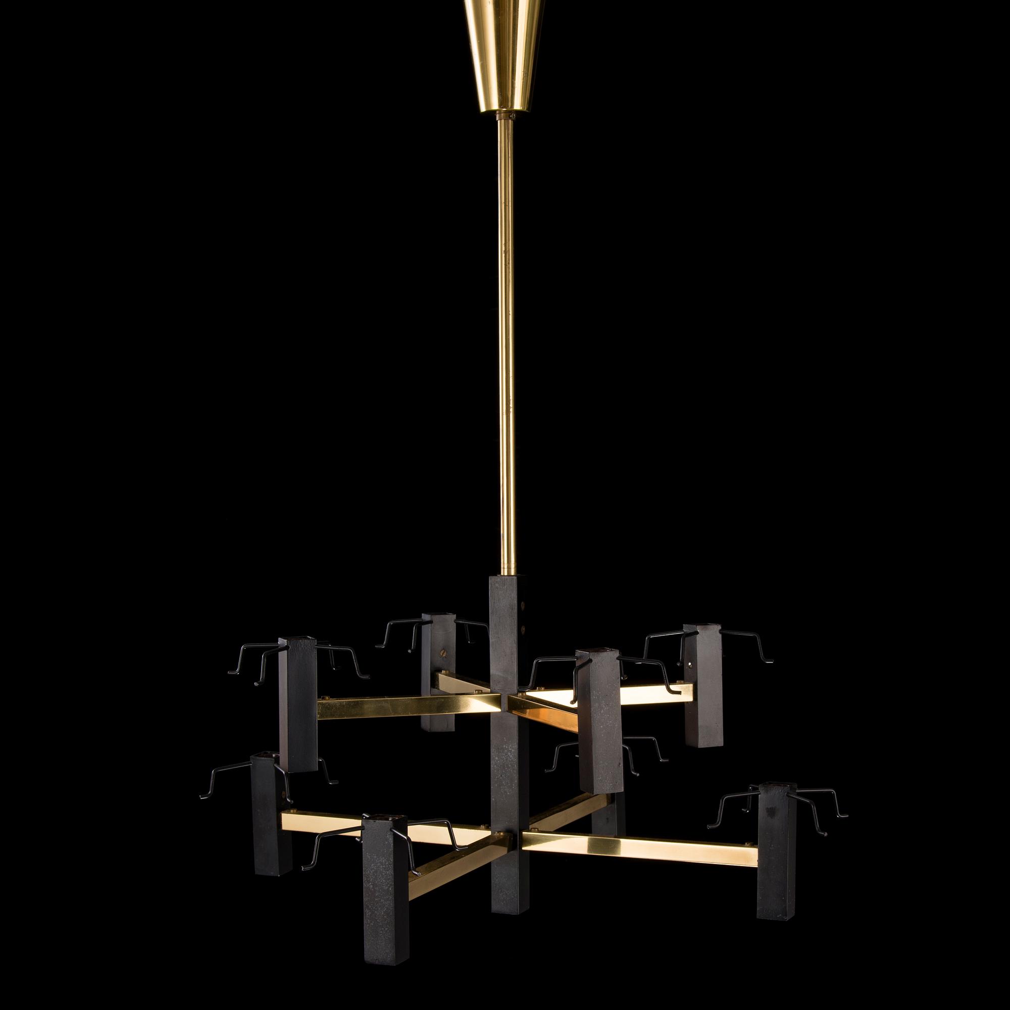 TAKLAMPA, mässing, målad metall och glas, 1960-tal.