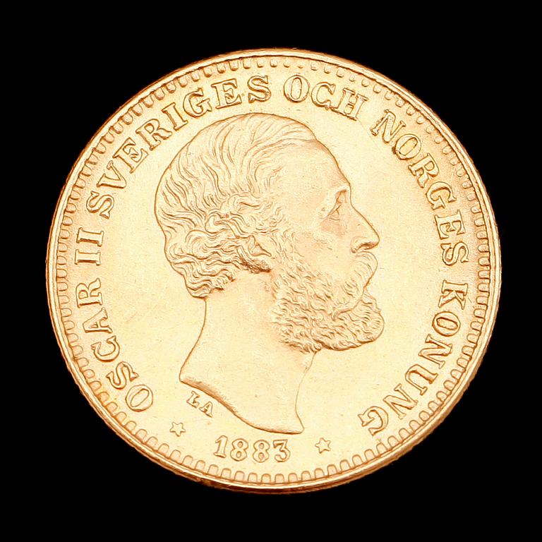 GULDMYNT, 10 kr, Oscar II, 1883. Vikt ca 5 g.